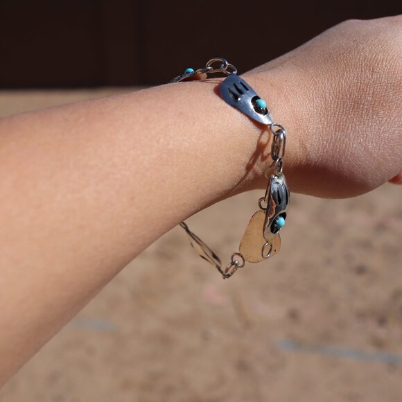Navajo Sterling Silver Link Bracelet Shadow Box Turquoise Jewelry Sz 8.75in. ** - Picture 10 of 12